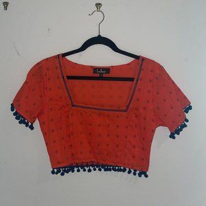Small Lulu's Orange and Blue Pom Pom Crop Top